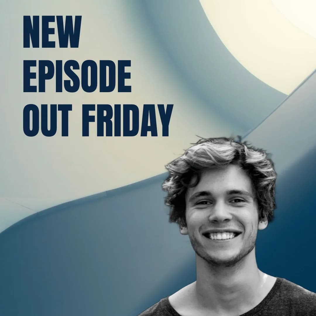 Square post: a smiling young man with curly hair, in black and white, cut out over a soft blue abstract backdrop, with NEW EPISODE OUT FRIDAY in dark blue block letters.