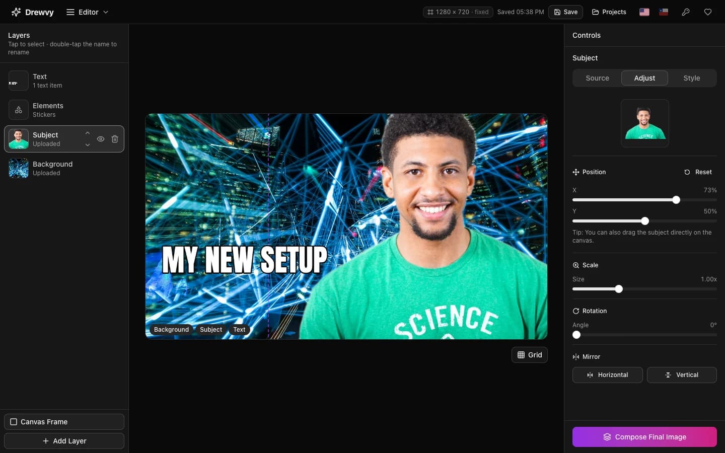 Captura del editor de Drewvy: a la izquierda la lista de capas con Texto, Elementos, Sujeto y Fondo; en el centro un lienzo de 1280 por 720 con una persona recortada sobre un fondo de luces de neón bajo el titular MY NEW SETUP; a la derecha los controles de posición y tamaño del sujeto.